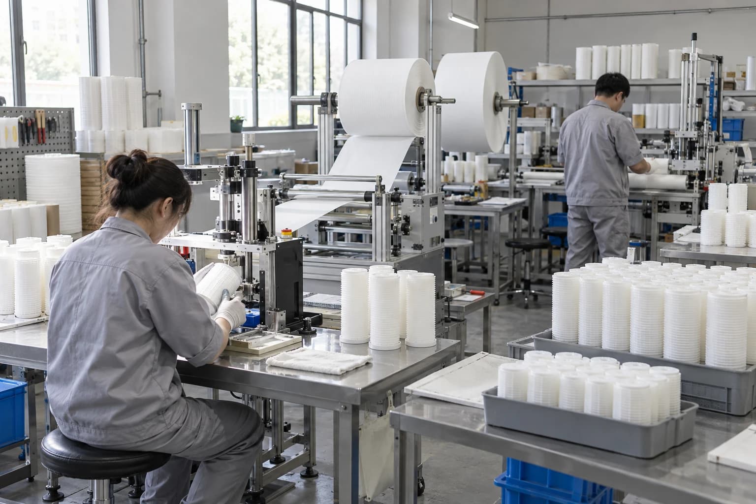 Filter-cartridge assembly workstations with media rolls and organised components