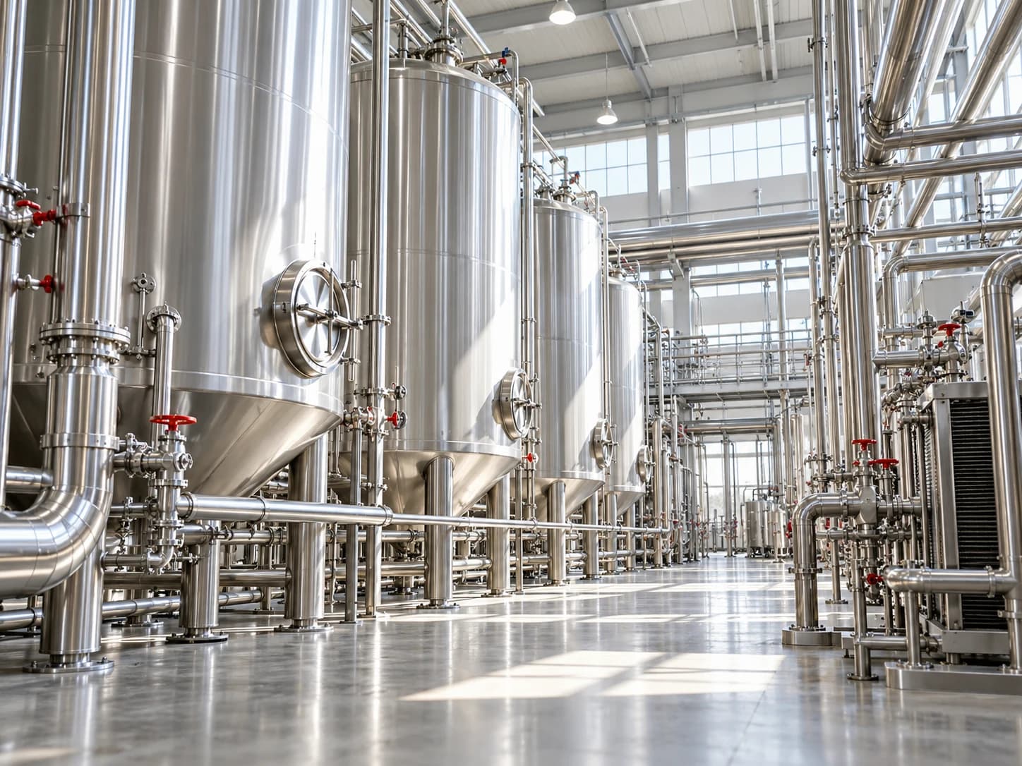 Stainless steel process tanks and organized fluid pipework