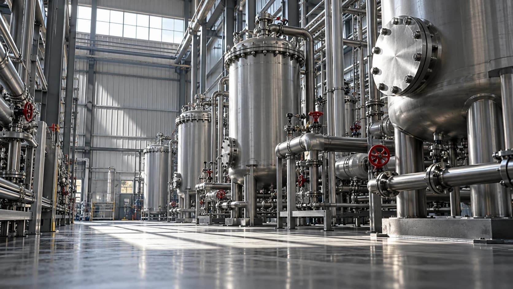 Stainless steel filtration vessels and pipework in an industrial facility
