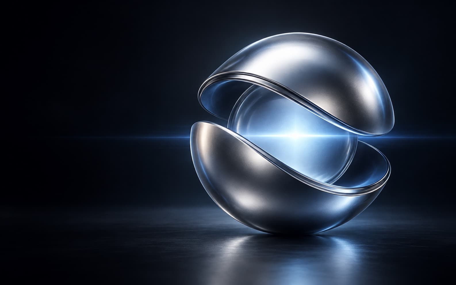 An abstract metallic sphere surrounding a luminous blue core, an AI-generated illustration