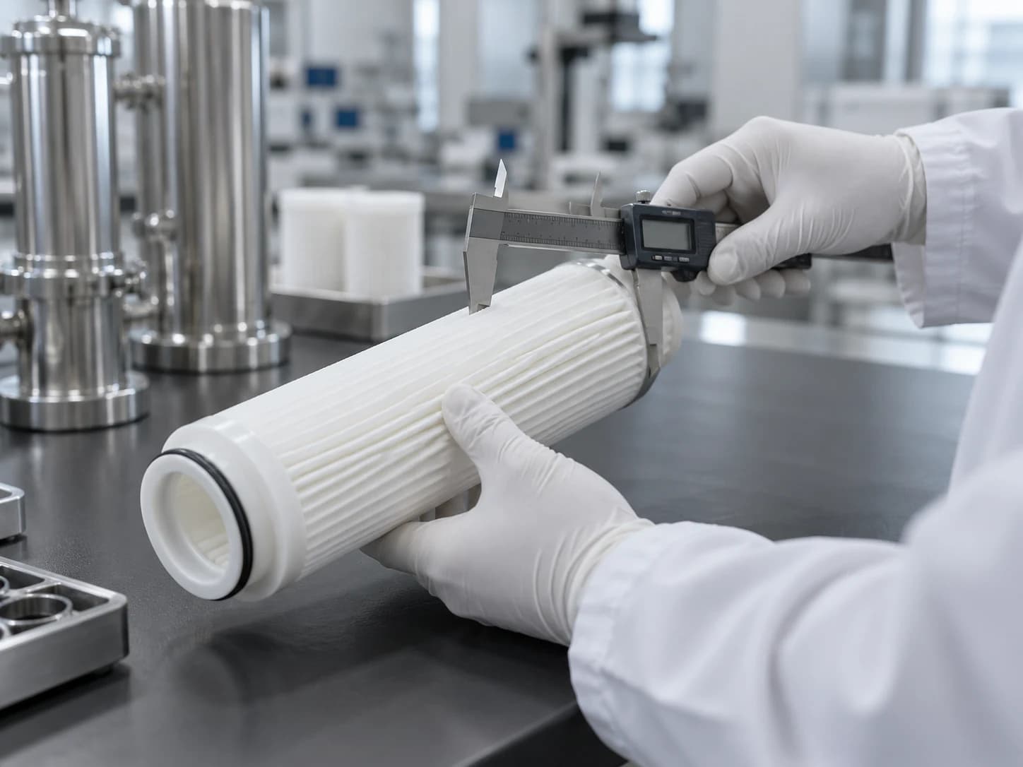 Gloved hands inspecting the dimensions of a filter cartridge
