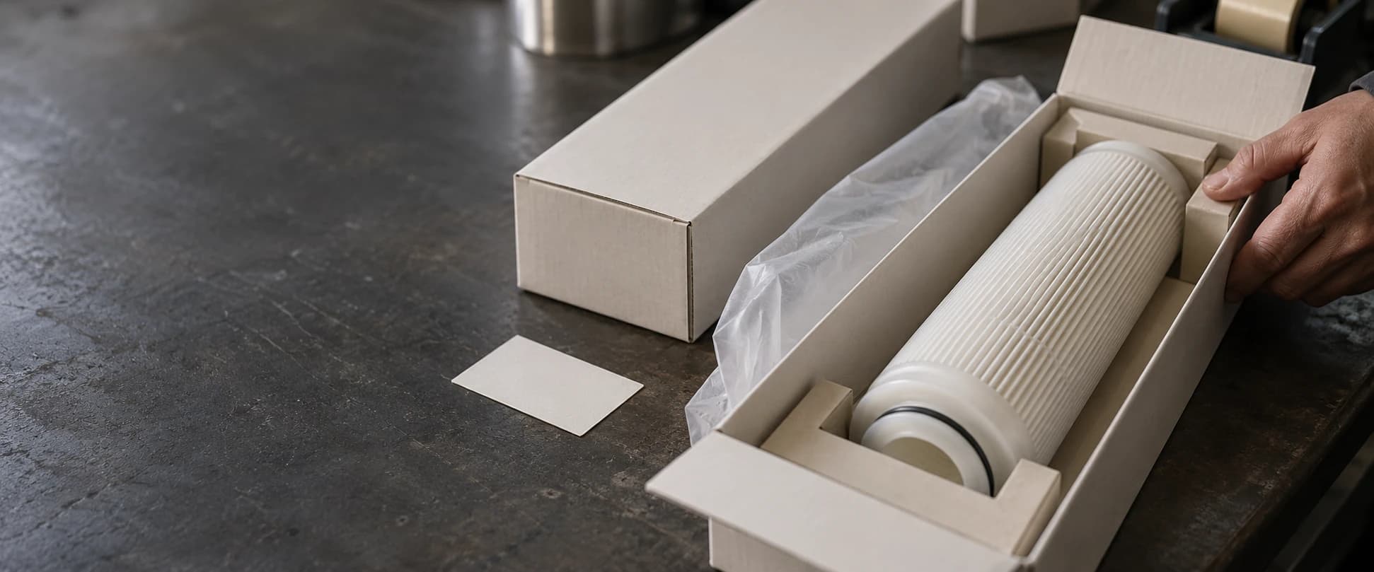Unbranded pleated cartridge in a protective carton on a packaging workbench