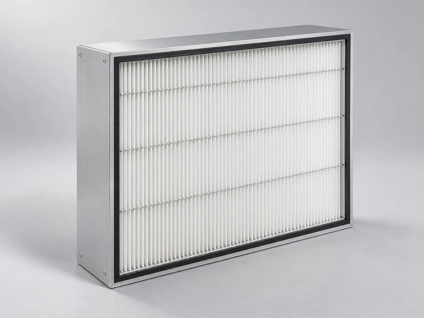 Deep aluminum-framed filter with dense pleats and a perimeter gasket