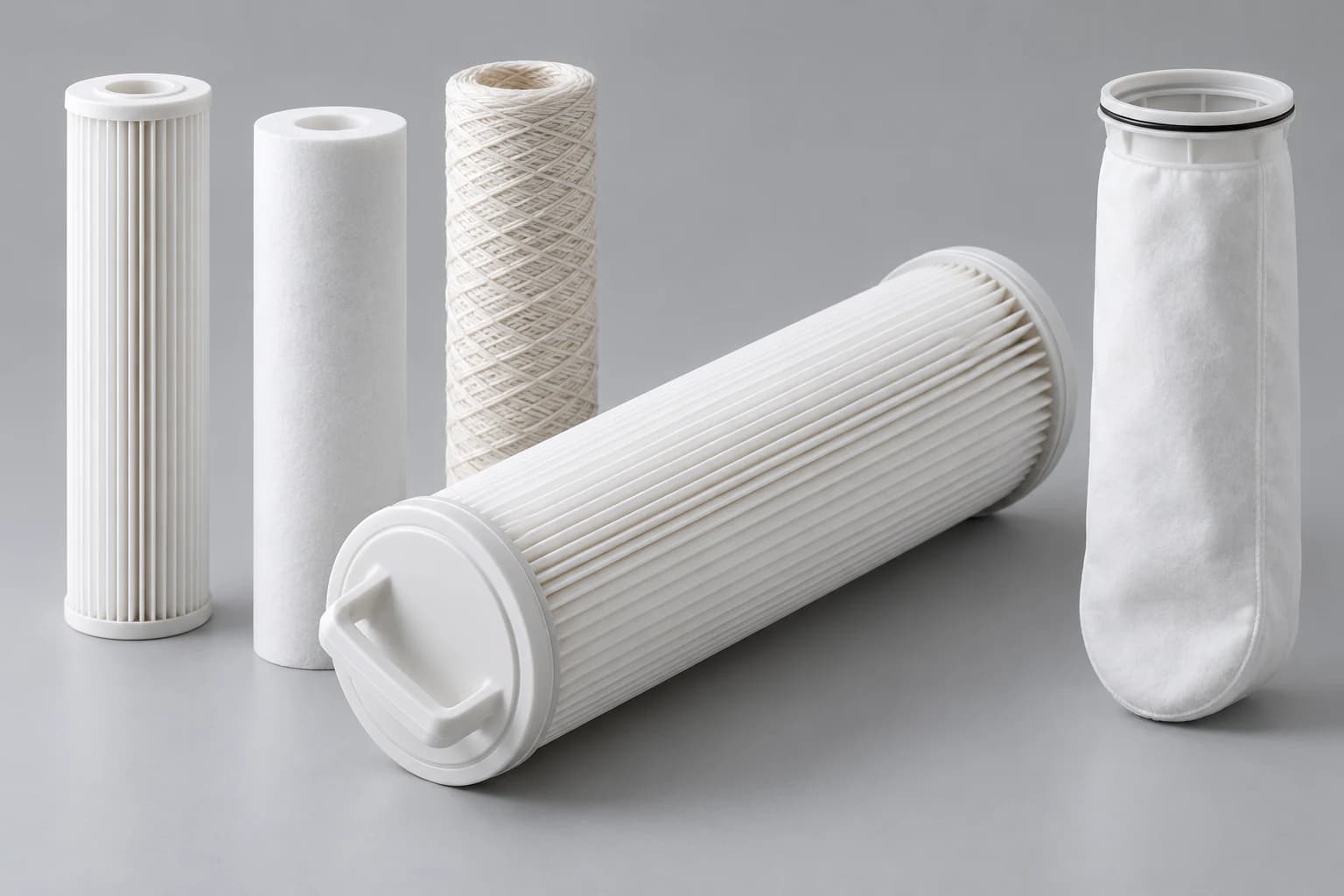 Pleated, melt-blown, string-wound and high-flow cartridges arranged with a liquid filter bag