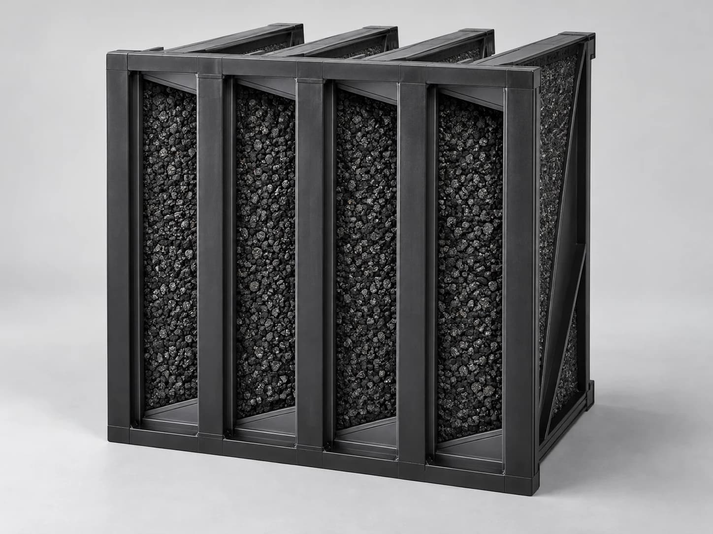 Black V-bank filter containing dark activated-carbon media
