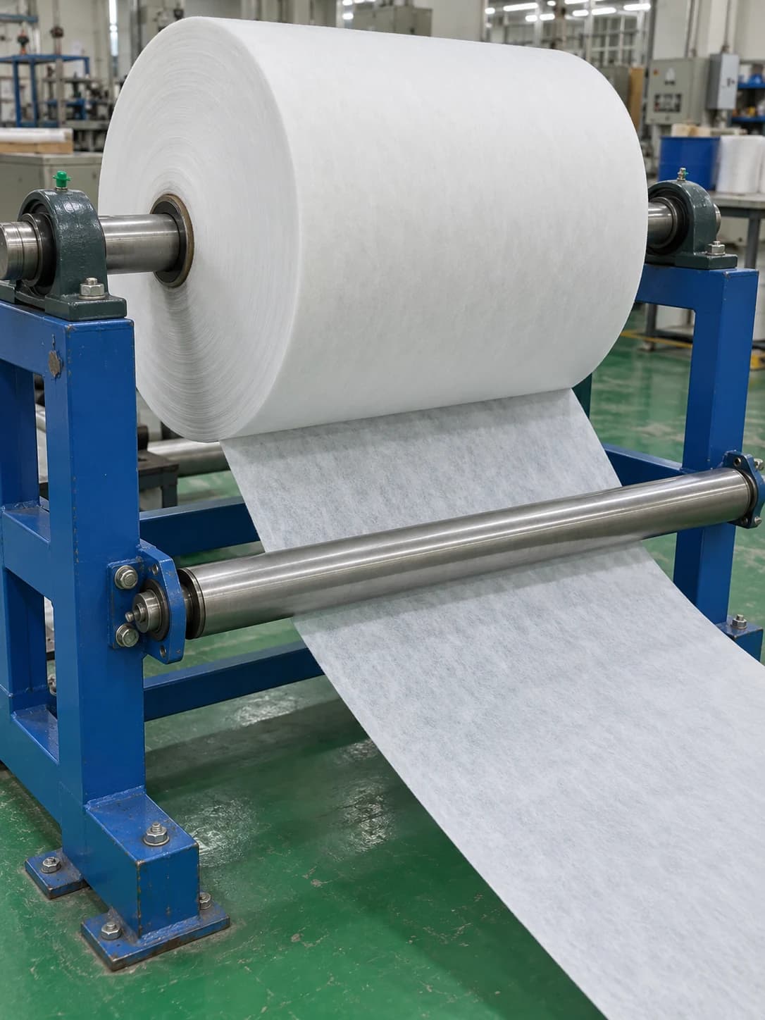 Material unwinding stand with a horizontal spindle and steel guide roller