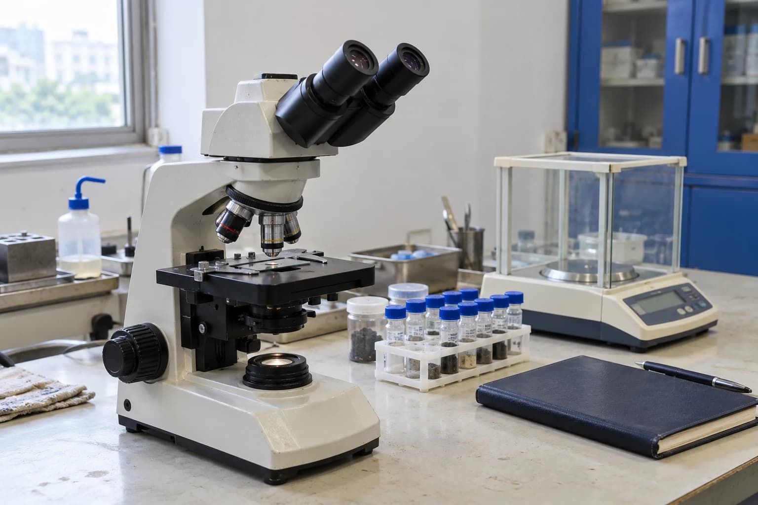 Microscope, sample vials and analytical balance on a laboratory bench