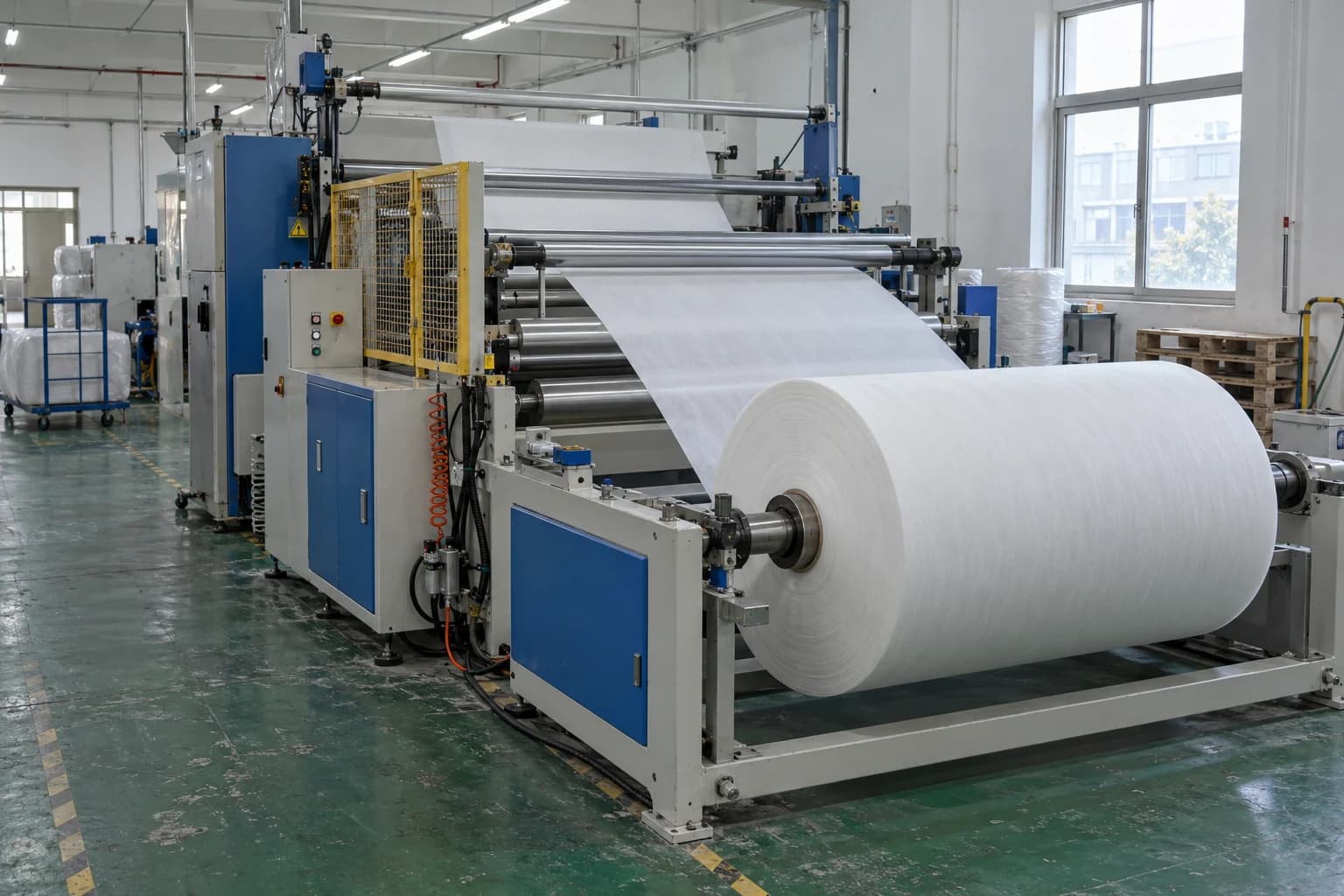 Nonwoven material roll and converting equipment in a working workshop